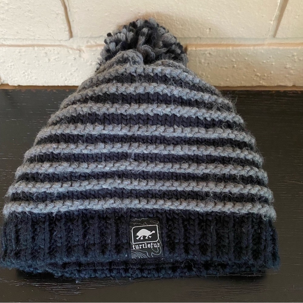Turtle Fur Black Gray Striped Pompom Beanie Warm Fleece Lined